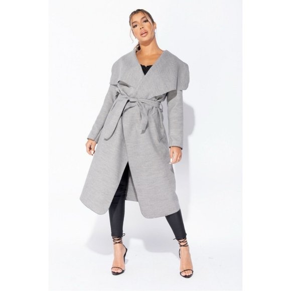 Gray Wool Blend Oversized Lapel Belted Long Maxi Waterfall Collar Coat - Picture 7 of 8